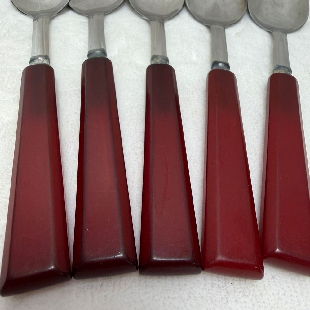 VTG Red Bakelite Handle Stainless Steel Spoons Set of 5 Mid-Century Art Deco - Picture 14 of 14